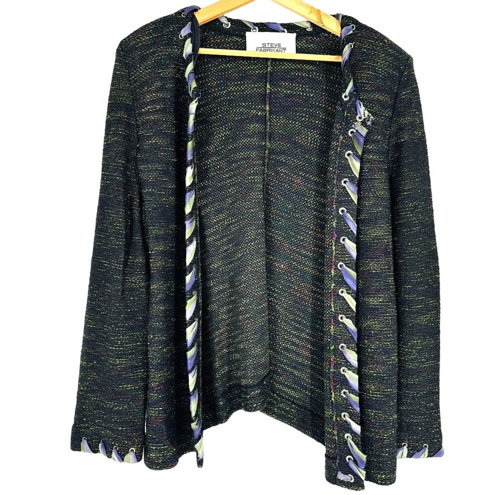 Steve Fabrikant Vintage Green Multi Knit Ribbon Long Sleeve Cardigan Sweater XL